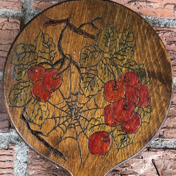 Wood Handheld Vanity Mirror Handmade Pyrography Red Cherry Branches & Spider Web - Picture 2 of 6